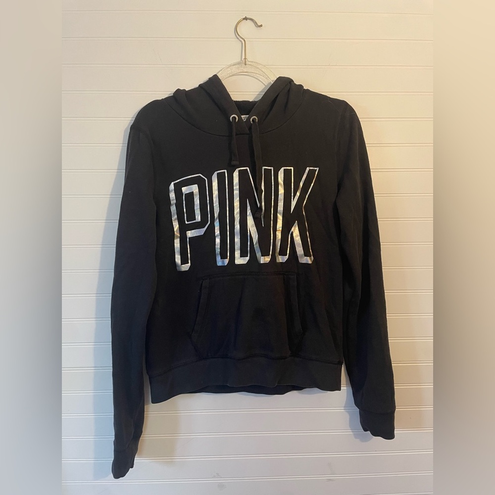 PINK Victoria's Secret Metallic Logo Black Hoodie Sweater